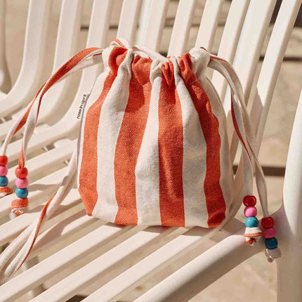 Canvas Mini Bag with Beaded Strap - Greige / Tomato