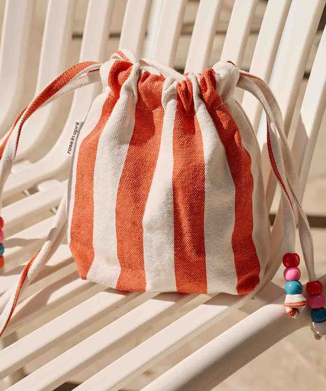 Canvas Mini Bag with Beaded Strap - Greige / Tomato