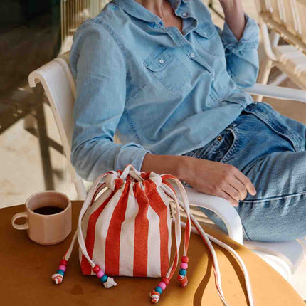 Canvas Mini Bag with Beaded Strap - Greige / Tomato