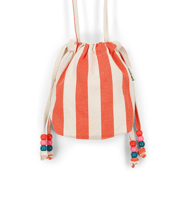 Canvas Mini Bag with Beaded Strap - Greige / Tomato
