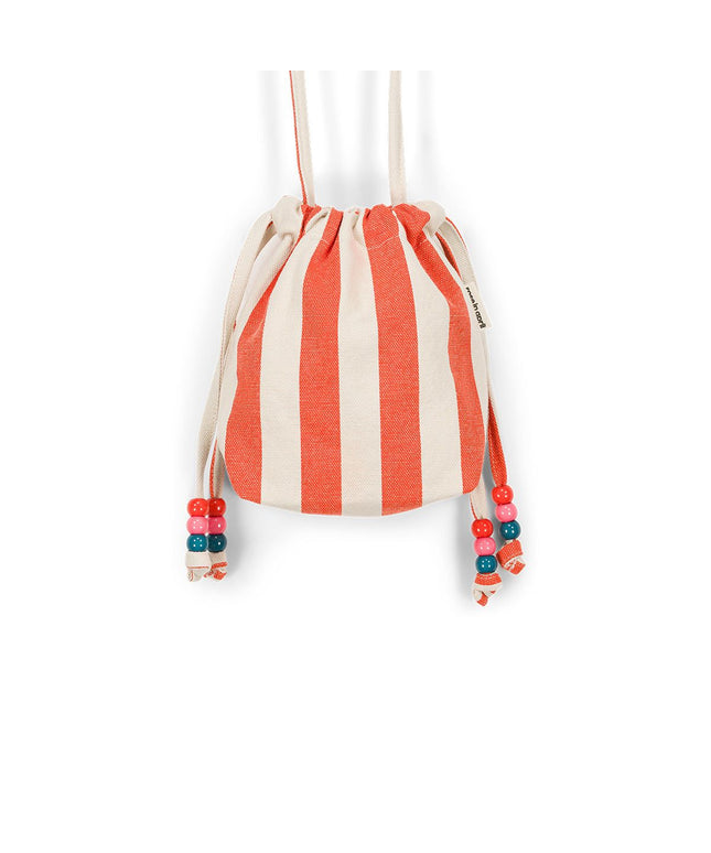 Canvas Mini Bag with Beaded Strap - Greige / Tomato