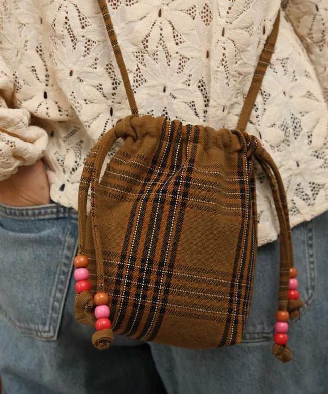 Canvas Mini Bag with Beaded Strap — Tartan Check