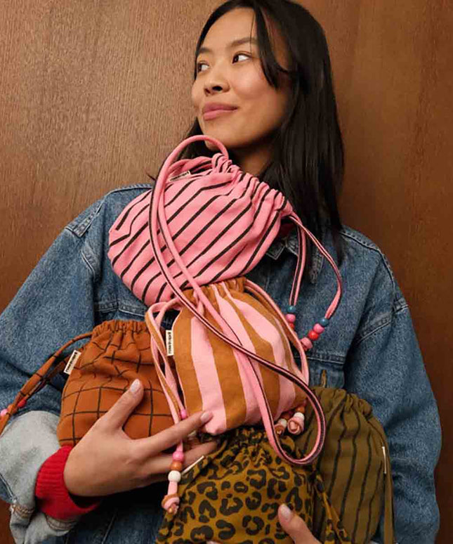 Canvas Mini Bag with Beaded Strap — Tennis Stripes Pink