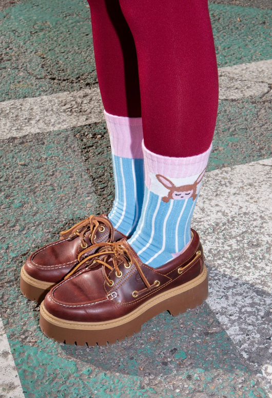 Doll Life Socks with Sleeping Rabbit - Pink and Light Blue