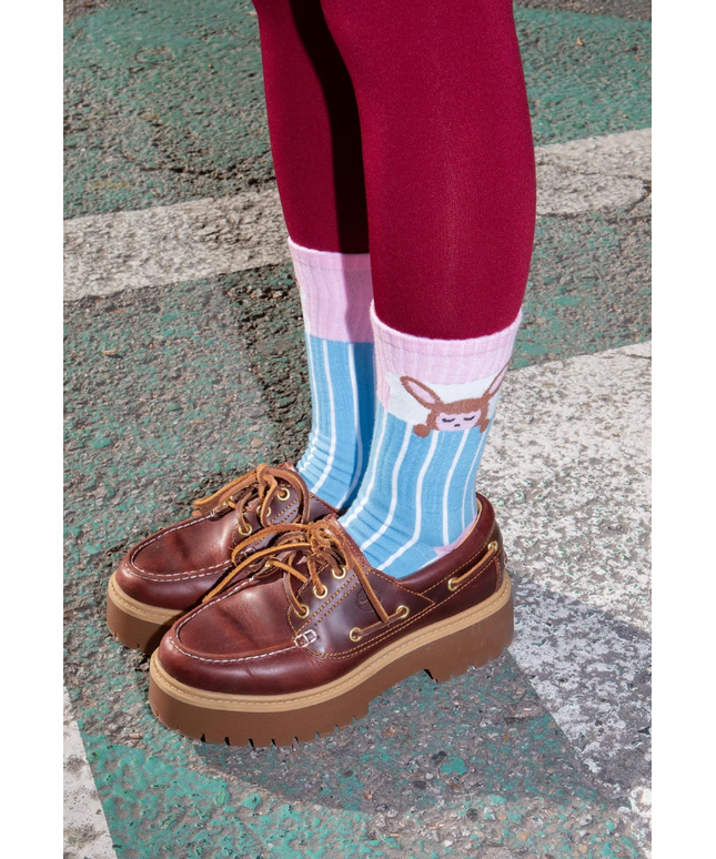 Doll Life Socks with Sleeping Rabbit - Pink and Light Blue
