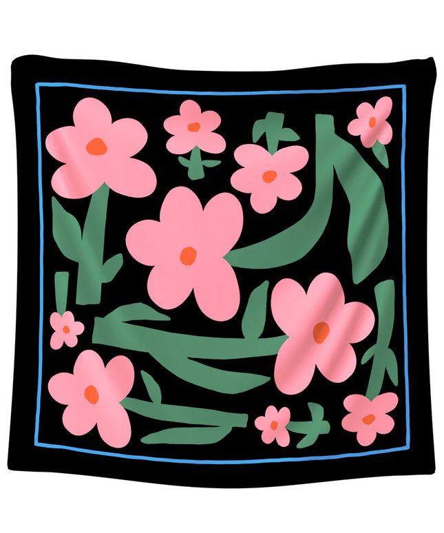 100% Silk Scarf Black & Pink Flowers