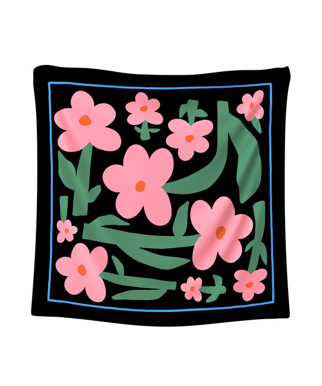 100% Silk Scarf Black & Pink Flowers